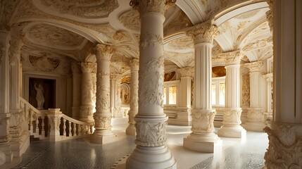 Grand ornate interior hallway with columns, stairs, and classical sculptures.