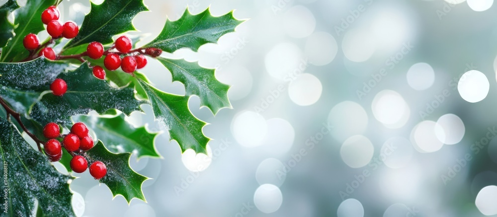 Aufkleber holly branch with green leaves and red berries on a soft gray bokeh background for festive seasonal 