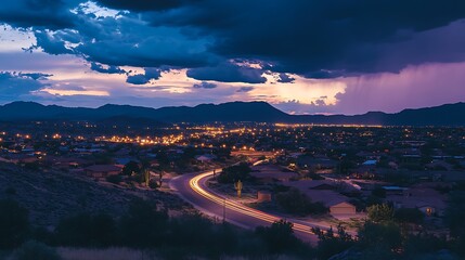 Desert Town at Dusk: Dramatic Sunset and Lightning over Arizona Landscape. AI Generated
