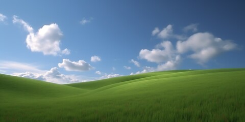 Fototapeta premium Serene rolling green hills under a bright blue sky with fluffy white clouds. (1)