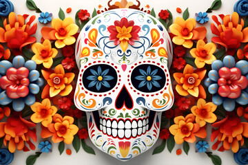 Colorful Day of the Dead sugar skull decorated with intricate floral patterns and bright orange flowers.







