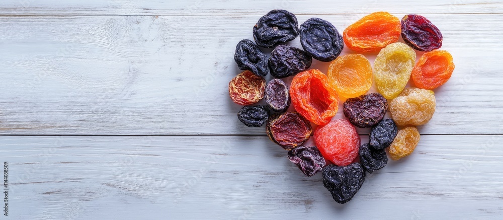 Poster heart-shaped arrangement of colorful dried fruits on a white wooden surface creating an attractive d