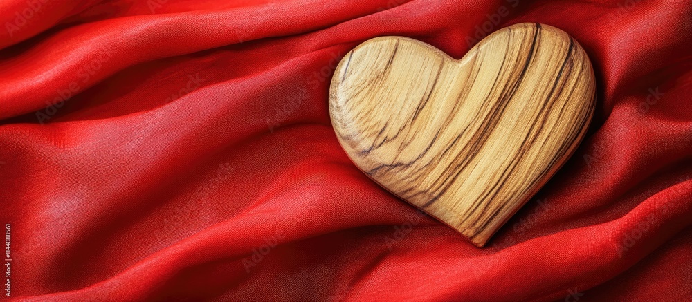 Poster wooden heart shape on vibrant red fabric representing love and romance in a stylish and elegant sett