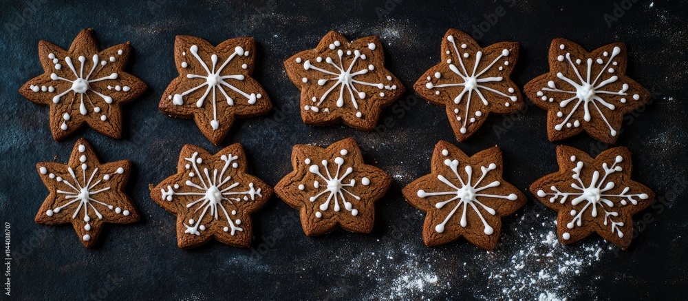 Poster gingerbread cookies shaped like stars arranged on a dark surface with decorative icing for festive h