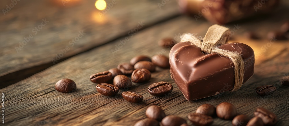 Poster heart shaped chocolate gift surrounded by coffee beans on rustic wooden surface with soft lights cre