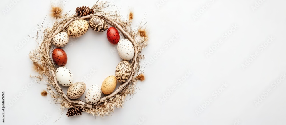 Poster easter wreath flat lay with birch branches quail feathers and decorated eggs on a white background f