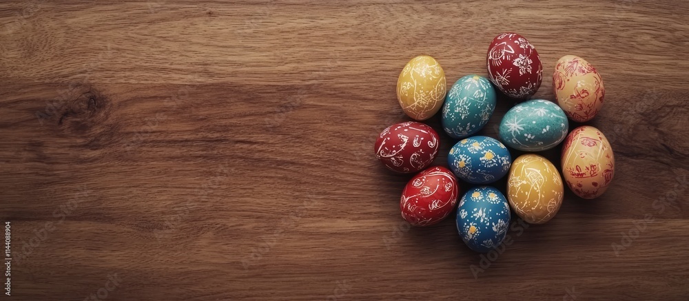 Aufkleber easter celebration concept with colorful decorated eggs arranged on rustic wooden table background f