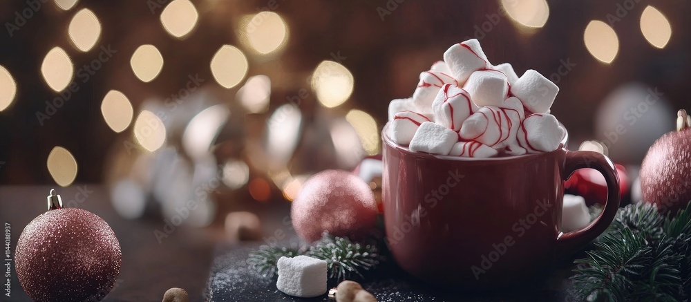Poster cozy christmas hot chocolate with marshmallows and festive ornaments on a dark backdrop creating a w