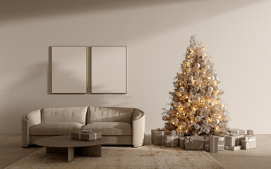 Cozy festive interior of the living room with a sofa, carpet, Christmas tree, garlands, Christmas decorations on the background of a wall with picture frames