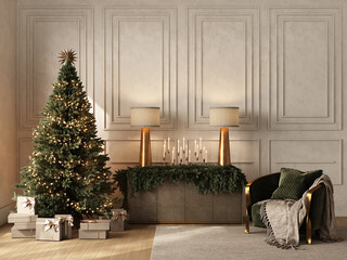 Classic living room is decorated with a Christmas tree with gifts, garlands, toys on the background of a wall with plaster molding, a chest of drawers, green and gold chair