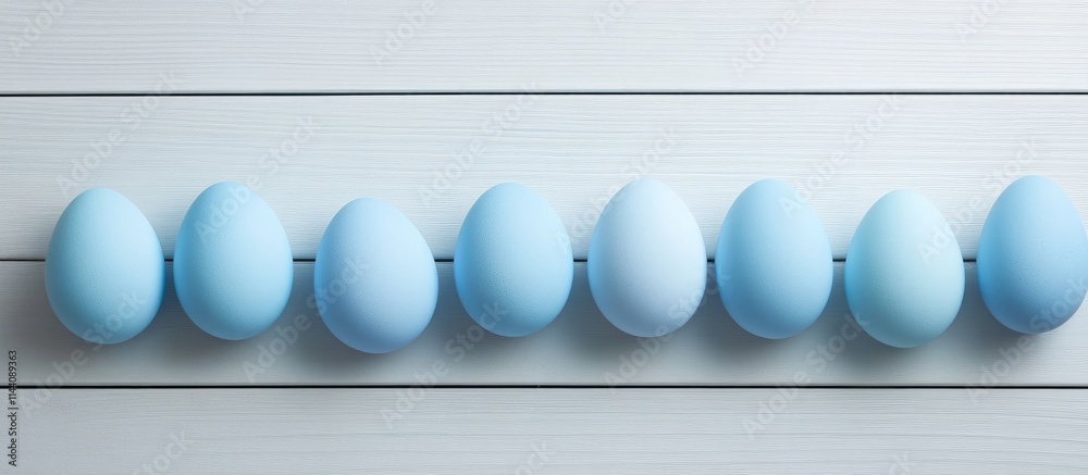 Poster Blue Easter eggs neatly lined up on a light gray wooden surface with space for text creating a festive and calming holiday atmosphere