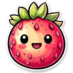 Fototapeta premium Cute cartoon strawberry with happy face and green leaves. (1)