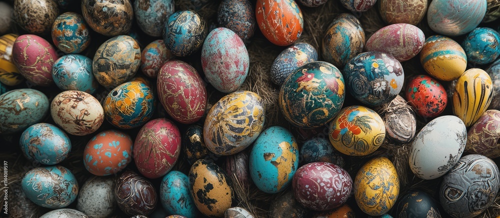 Poster colorful collection of intricately decorated easter eggs arranged artfully on a rustic surface for s