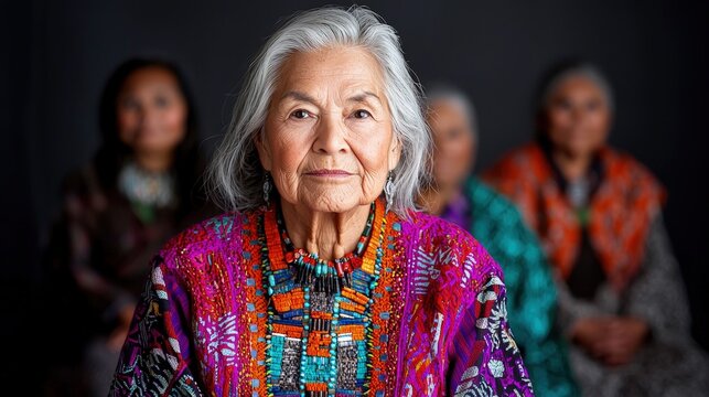 Portrait of an elderly Native American woman with three younger women behind her, slightly out of focus.