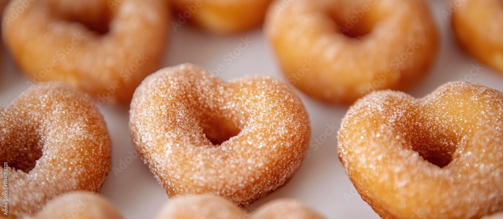 Poster heart shaped donuts arranged closely with a sugary coating on a clean white background perfect for r