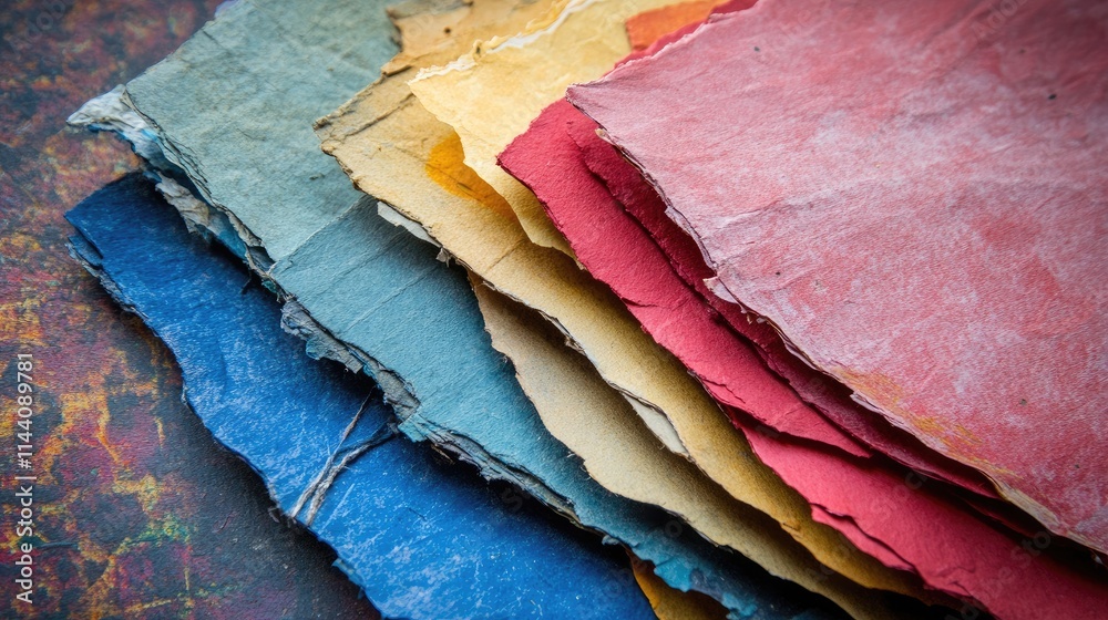 Poster Colorful Handmade Paper Sheets Created from Recycled Materials Displayed in a Stack with Textured Edges Suitable for Eco-Friendly Projects