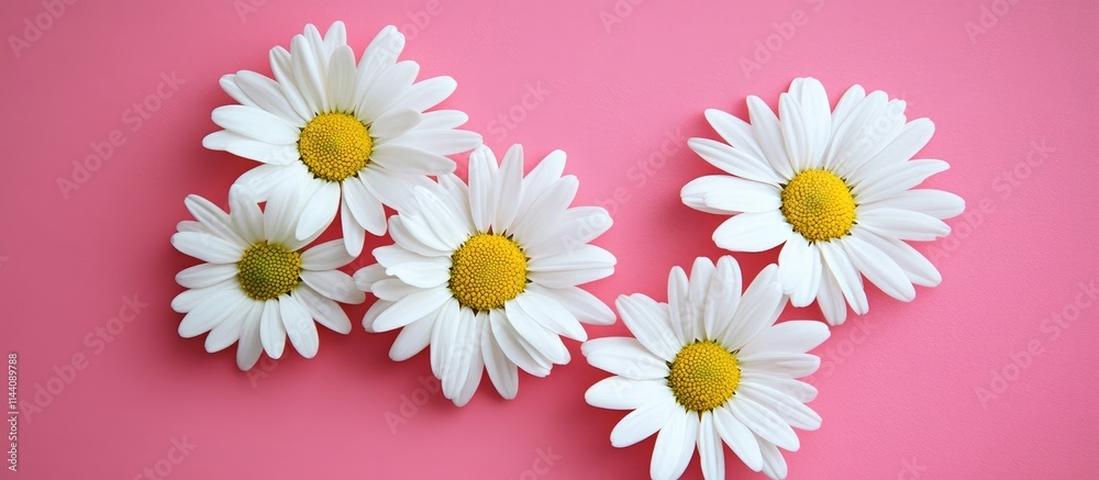 Fototapete vibrant pastel pink background with white daisy flowers arranged in a heart shape creating a cheerfu