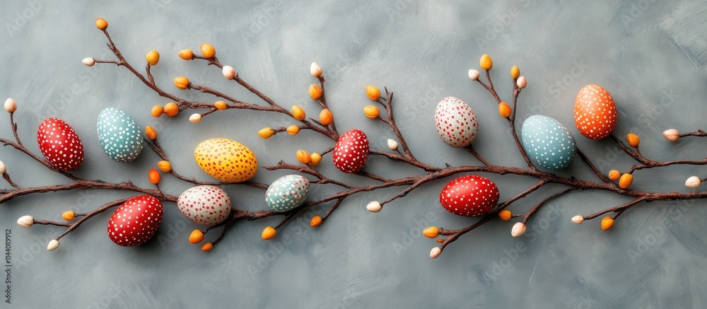 Poster Multicolored Easter eggs and budding branches arranged on a gray background for decorative spring celebrations and festive inspiration