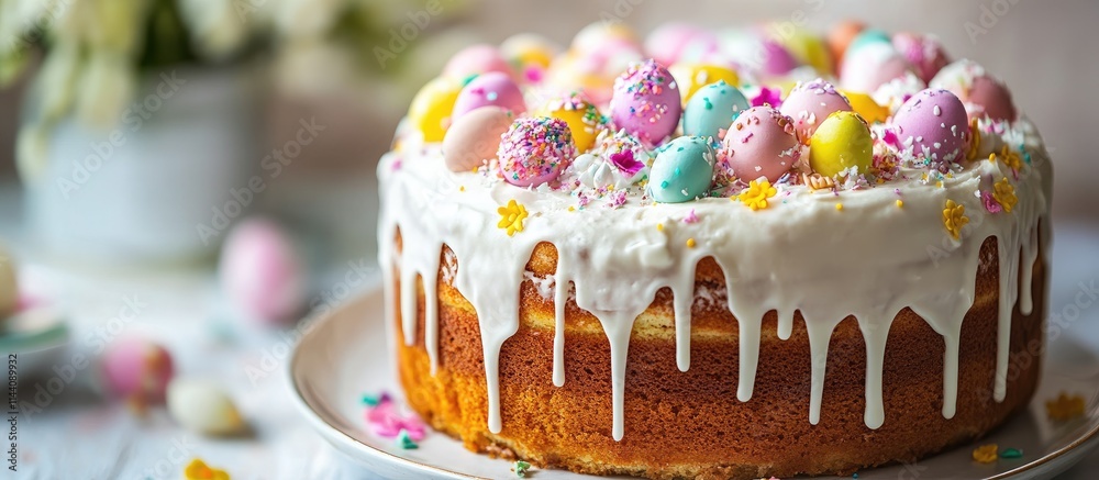Poster festive easter cake decorated with colorful eggs and icing on a rustic table setting with floral acc