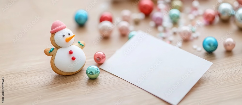 Poster gingerbread snowman with postcard and colorful beads on a light wooden surface creating a festive ho