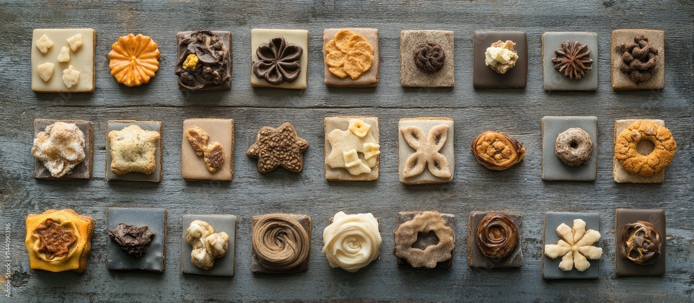 Poster colorful assortment of uniquely shaped cookies arranged on rustic wooden surface from a high angle p
