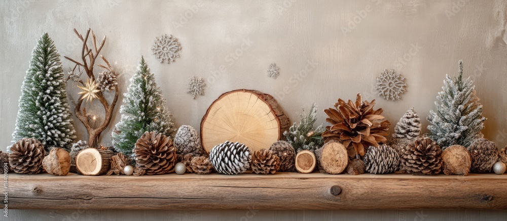 Aufkleber festive new year and christmas decorations with snowy trees and natural elements on rustic wooden sh