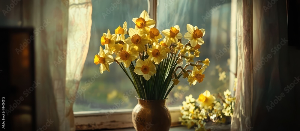 Aufkleber Bright vase of yellow daffodils by a sunlit window with soft curtains creating a warm and inviting spring atmosphere