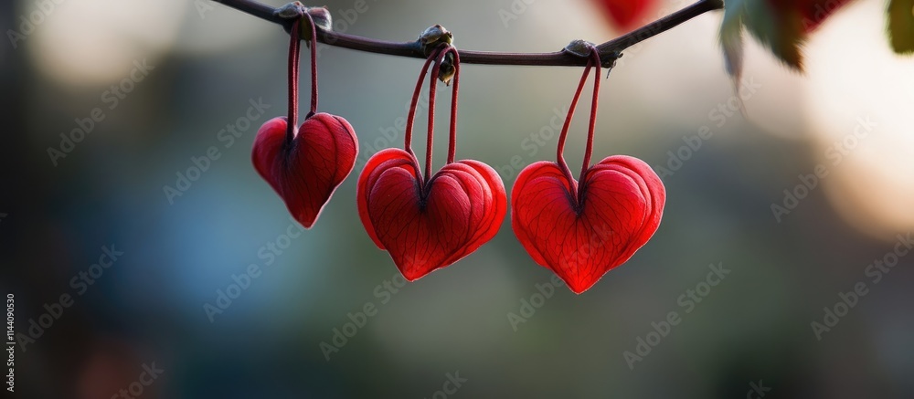 Poster hanging decorative red hearts on a branch creating a romantic and charming atmosphere for love and p