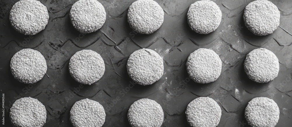Aufkleber Homemade uncooked ginger cookies arranged in a decorative pattern on a black background overhead view monochrome style