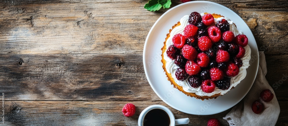 Poster Homemade berry cake with coffee on rustic wooden table creating a cozy and inviting atmosphere for dessert lovers and coffee enthusiasts.