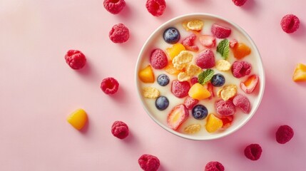 Bowl of colorful fruit cereal on a pastel pink background, playful and fun breakfast concept, vibrant colors, close-up, representing childhood joy.