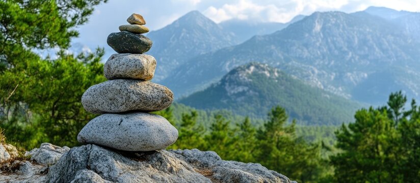 Balanced stone cairn in serene mountain landscape promoting peace and tranquility surrounded by lush greenery under a clear blue sky - Powered by Adobe