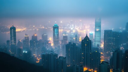 Fototapeta premium foggy cityscape with dimly lit skyscrapers, symbolic of urban mystery and isolation, atmospheric cinematic focus