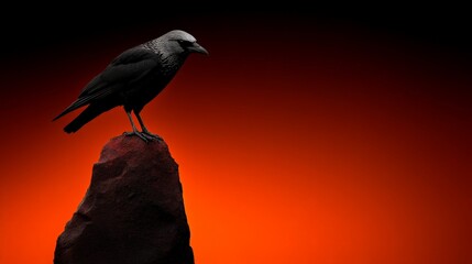 Crow on a Rock:  A solitary crow perched on a rock against a vibrant red background.  A sense of mystery and intrigue fills the image, as the crow's watchful presence commands attention.