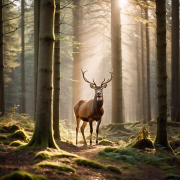 S&auml;ugetiere - Hirsch im Morgennebel zwischen B&auml;umen;