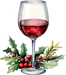 Watercolor christmas glass of wine on white background. Vector illustration.