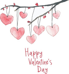Watercolor happy valentines day hanging hearts on white background. Vector illustration.