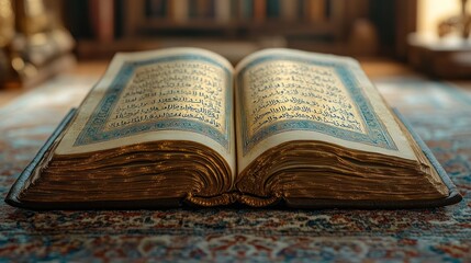 Obraz premium Open antique book with Arabic script on a rug.
