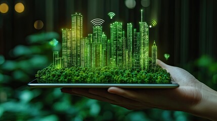 Hand holding tablet green city model wireless network symbols symbolizing integration smart city technology sustainability digital infrastructure eco-conscious urban development