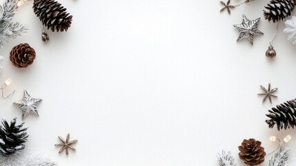 Festive Winter Border with Pine Cones, Stars, and Fairy Lights on White Background