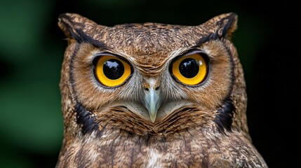 Fototapeta premium Spectacular Owl Portrait: A majestic owl with piercing yellow eyes stares intently, its feathers detailed against a dark green background.