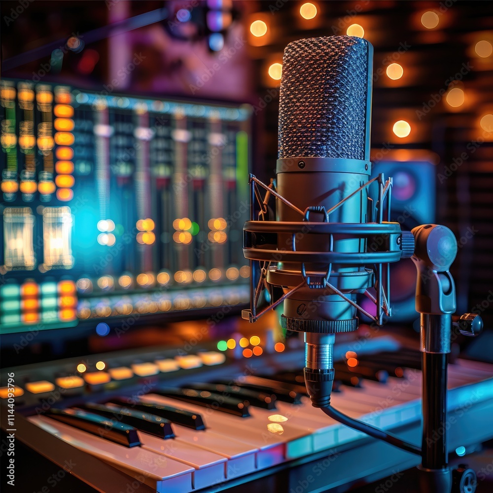 Fototapete an old-style microphone on top of a table in front of a modern computer with music software, surroun