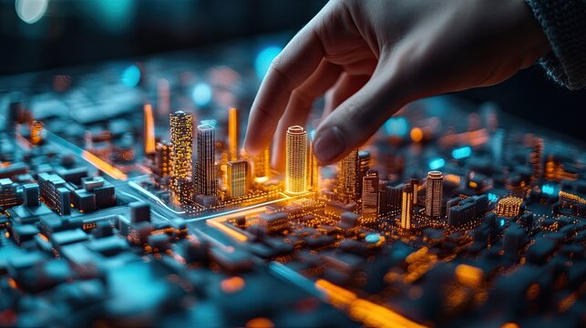 Hand interacting virtual smart city model sustainable urban development representing integration technology sustainability future design cities to improve living conditions reduce emissions