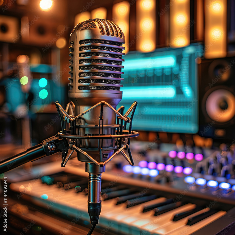 Leinwandbilder an old-style microphone on top of a table in front of a modern computer with music software, surroun