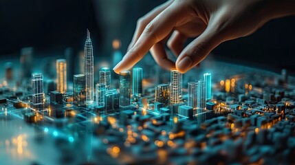 Hand interacting virtual smart city model sustainable urban development representing integration technology sustainability future design cities to improve living conditions reduce emissions