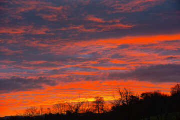 Beautiful dramatic bloody morning sky at Swiss City of Zürich on an autumn day. Photo taken December 19th, 2024, Zurich, Switzerland.