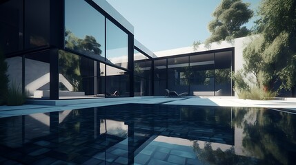 Modern minimalist house with pool and reflecting glass walls, surrounded by greenery.