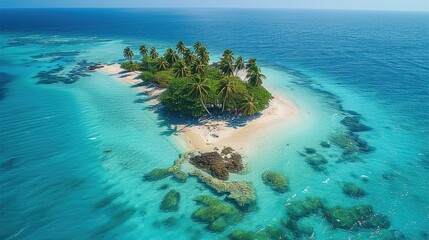 Island in the middle of clear blue water, with palm trees and colorful fish swimming around it. Aerial high view.