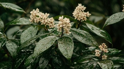 Rain-soaked leaves and flowers in a lush environment.