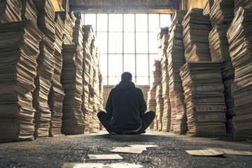 Male sitting among stacks of papers in warehouse